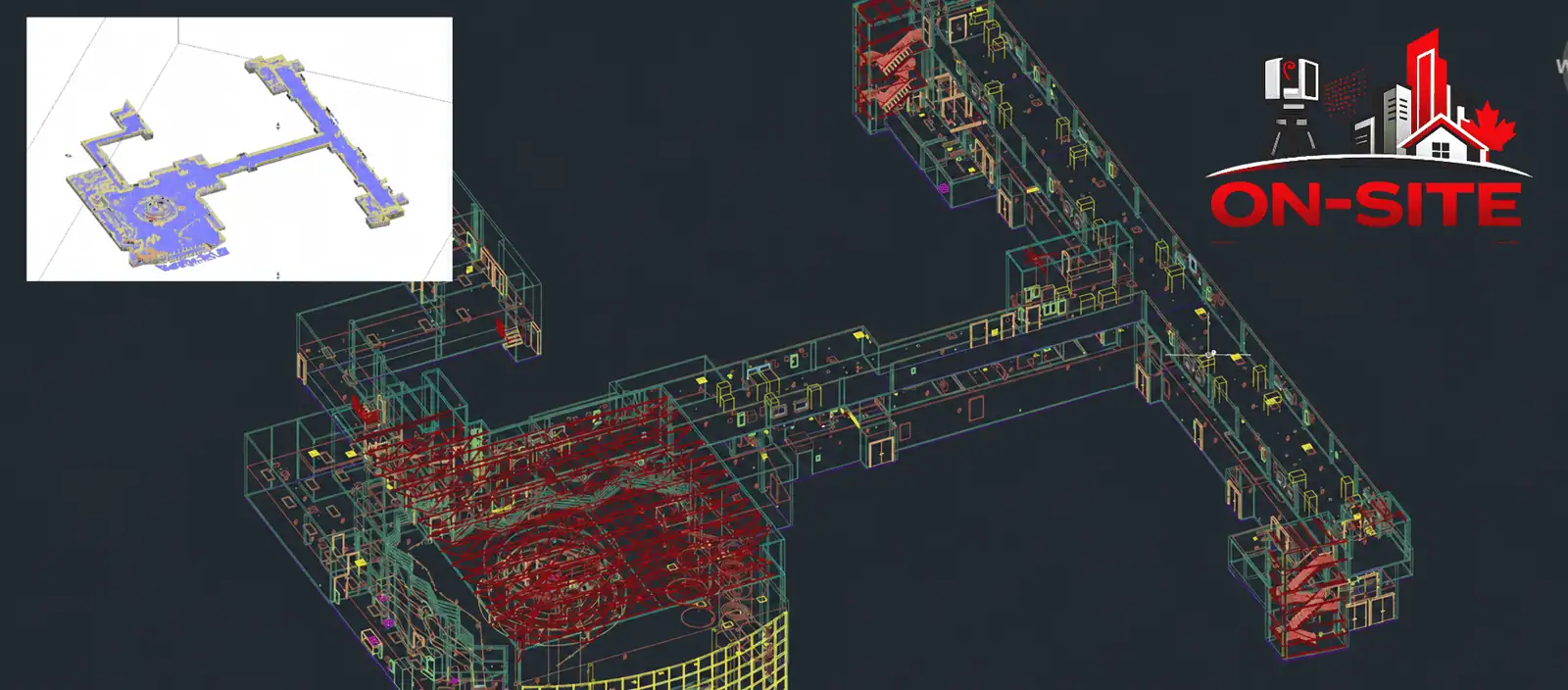 Dimensioned as-built floor plan from laser scan data showing existing room layout